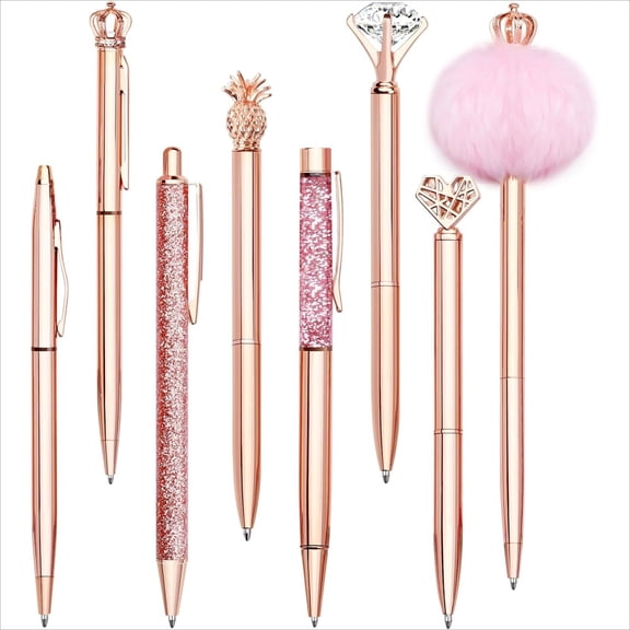 WuPing 8 Pcs Rose Gold Ballpoint Pens, Black Ink Metal Crystal Diamond Pens, 1.0 mm Medium Point