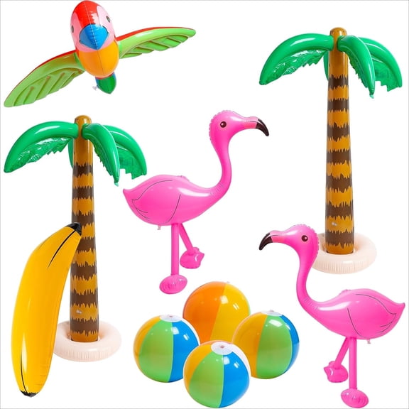 WuPing Beach Pool Toys Inflatable Palm Tree Pink Flamingo Banana Beach Ball Parrot, 10 Pcs