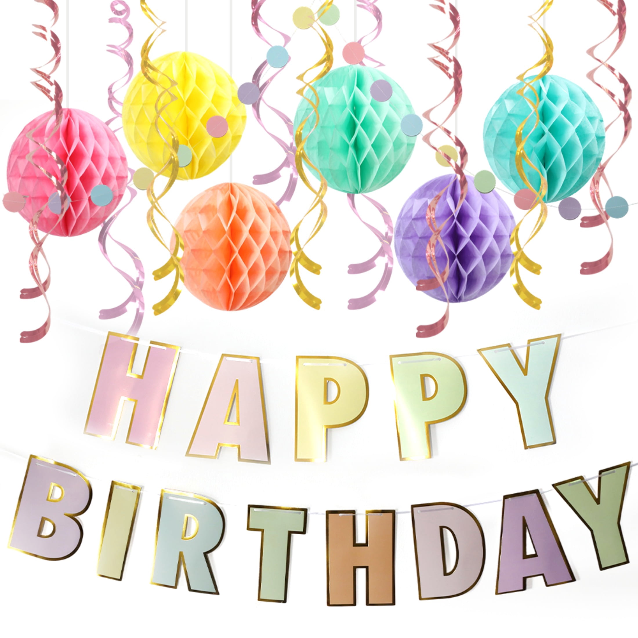 WuPing Birthday Party Banners Party Decorations Kit, 17 Pcs Combination: Pre-Strung Happy Birthday Banner, Honeycomb Balls, Garland & Swirls