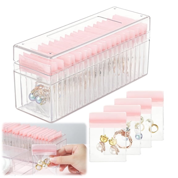 WuPing Clear Acrylic Jewelry Box with 20 Pcs PVC Jewelry Anti-Oxidation Sealed Bags for Earrings, Rings, Necklace