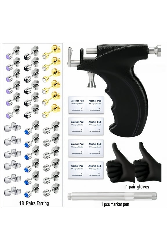 Ear Piercing Gun Kit with 18 Pairs of Diamond Stainless Steel Stud Earrings and 8 Alcohol Pads