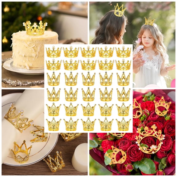 WuPing Golden Crown Set, 30 Pcs, For Napkin Rings, Cake Toppers, Crown Hair Accessories, Bouquet Decorations