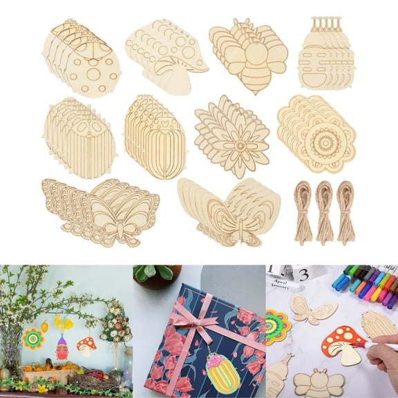 WuPing Handcrafted Wood Carving Decorations 60 Pcs Unfinished Wood Pieces DIY Paint Craft Kit Unpainted Home Hanging Decorations