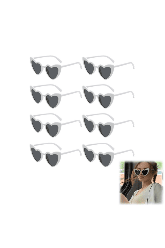Heart Sunglasses for Women: Cat Eye White Frame 8-Pack Set, UV Protection, Trendy 4th of July Party Accessory (Bold & Vintage Style, White)