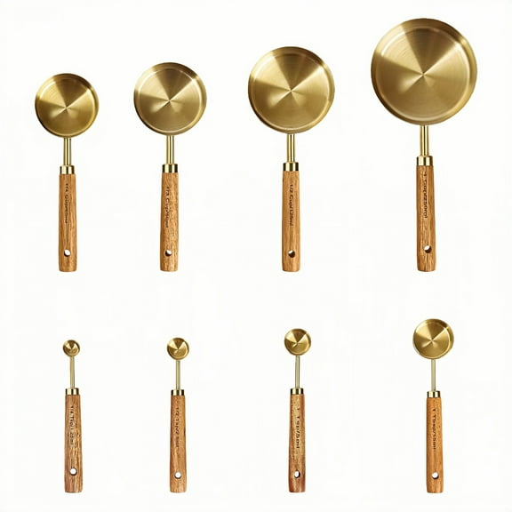 WuPing Measuring Spoons Set, 8 Pcs Gold Stainless Steel Measuring Spoons with Wood Handle