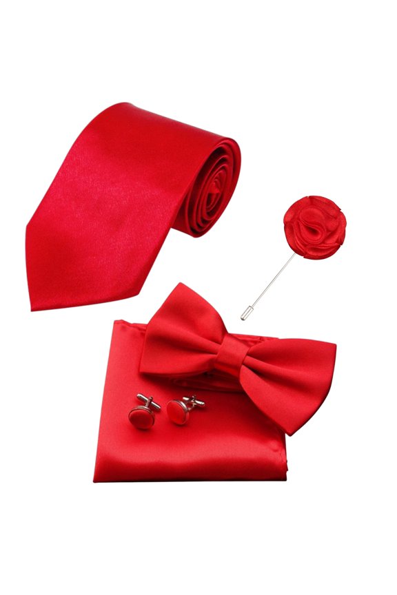 Men's Bow Tie, Necktie, Pocket Square, Cufflinks, Formal 5-Piece Red Accessory Set for Weddings Parties