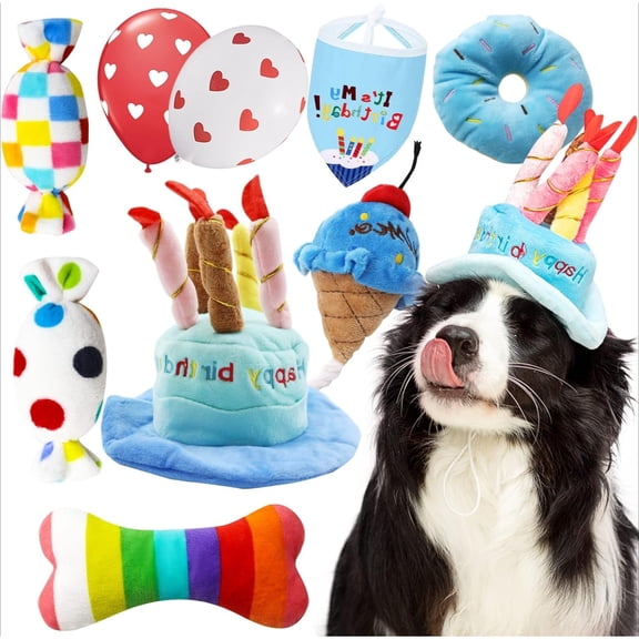 WuPing Plush Dog Toys, 9 Pcs Puppy Birthday Toy Set: Squeaky Cake Hat, Bandana, Dessert Themed Toys, Balloons