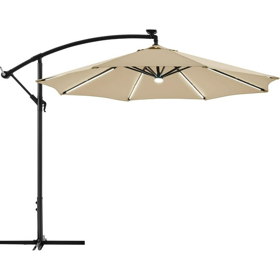 Wubio 10 FT Solar Powered LED Patio Umbrella Outdoor Cantilever Umbrella, UV Protection & Windproof, Offset Hanging Sunshade w/Strip Lights & Hub Light for Backyard Garden Pool, Tan