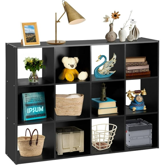 Wubio 12 Cube Storage Organizer, Open Shelf Bookcase, Wood Cubical Shelves Closet Cabinet Display Unit with 6 Removable Back Panels for Living Room Bedroom, 47 inch Wide, Black