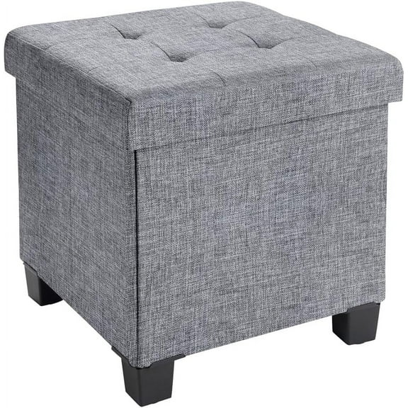 Wubio 15 Inch Folding Storage Ottoman with Storage, Square Cube Linen Small Storage Ottoman Foot Rest Stool with Legs - Gray