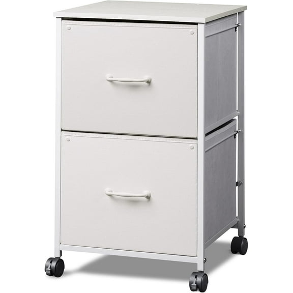 Wubio 2 Drawer Mobile File Cabinet, Rolling Printer Stand with Open Storage Shelf, Fabric Vertical Filing Cabinet fits A4 or Letter Size for Home Office, White
