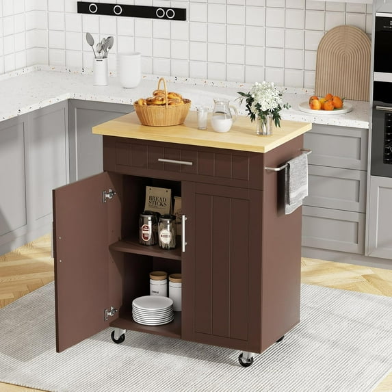 Wubio 26" Kitchen Island on Wheels with Storage Cabinet Kitchen Cart Cabinet with Shelves, Cart Handle for Towel Rack or Free Mobility, Portable Islands for Kitchen,Brown