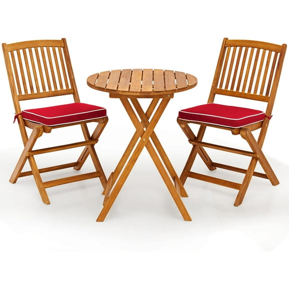 Wubio 3-Piece Patio Bistro Set Table & Chair with Cushions Foldable Wooden Furniture Chairs and Coffee Table for Outdoor Balcony Garden Backyard-Red