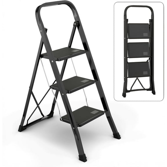 Wubio 3-Step Ladder with Wide Anti-Slip Platform & Thick Rubber Feet - Lightweight Heavy Duty Foldable & Portable - 330 lbs Capacity, Steel Frame, Rubber Handgrip, Folding Step Stool - Black