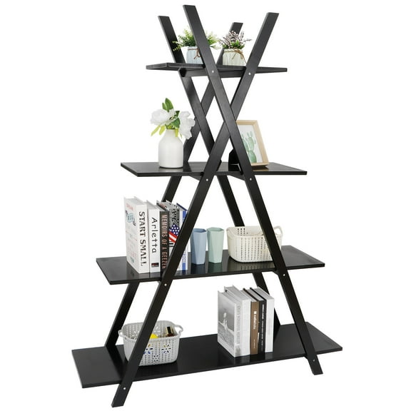 Wubio 4-Tier Bookshelf A-Frame Bookcase Wooden Ladder Shelf Open Display Shelves Black