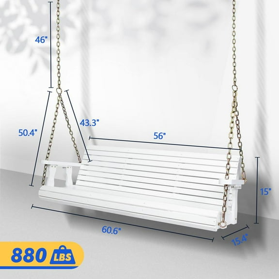 Wubio 5FT Heavy Duty 880 LBS Outdoor Swing Chair Bench Wooden Porch Swing with Chains-White