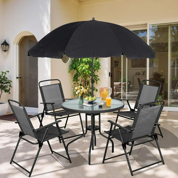 Wubio 6 Piece Folding Patio Dining Set,Small Metal Outdoor Garden Patio Table and Chair Set w/Umbrella for Lawn,Deck,Backyard,Black