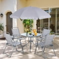 thumbnail image 1 of Wubio 6 Pieces Folding Patio Dining Set, All Weather Small Metal Outdoor Table and Chair Set, Garden Patio Furniture Set w/Umbrella, Glass Table & 4 Folding Chairs for Lawn, Backyard, Silver, 1 of 11