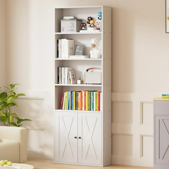 Wubio 6-Tier Open Bookcase and Bookshelf with Doors, Floor Standing Farmhouse Display Storage Shelves 71 Inch Wood Tall Bookcase for Home Office, Living Room, Bed Room-White