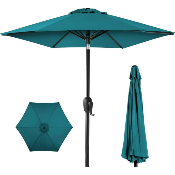 Wubio 7.5ft Heavy-Duty Round Outdoor Market Table Patio Umbrella w/Steel Pole, Push Button Tilt, Easy Crank Lift - Cerulean