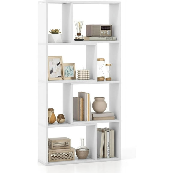 Wubio 8-Cube Geometric Bookshelf, 4-Tier High Bookcase, 48" Modern Storage Organizer, Floor Standing Open Display Shelving, Wooden Storage Cabinet for Living Room, Bedroom, Study, White
