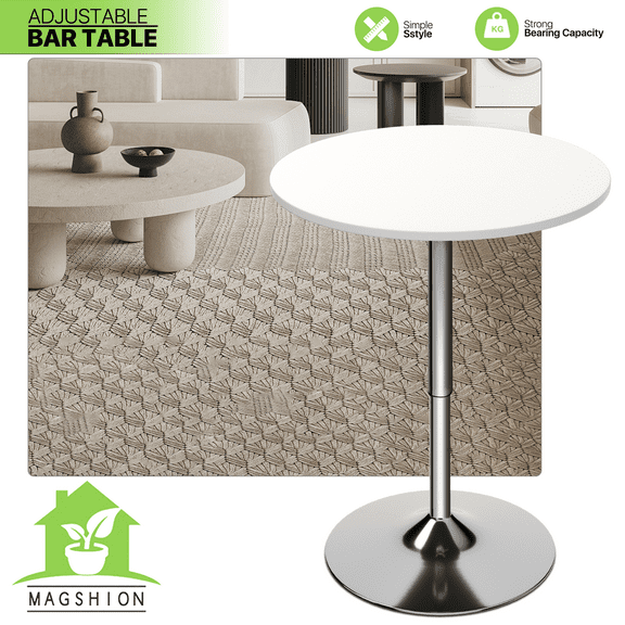 Wubio Bistro Pub Bar [360-DEGREE SWIVEL] Round Table Adjustable Height Wooden Tabletop-White