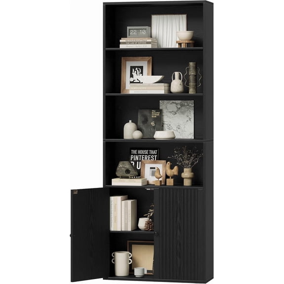 Wubio Bookcases and Bookshelves with Doors and Storage, 6-Tier Tall Bookshelf, Book Shelf for Home Office, Living Room, Black