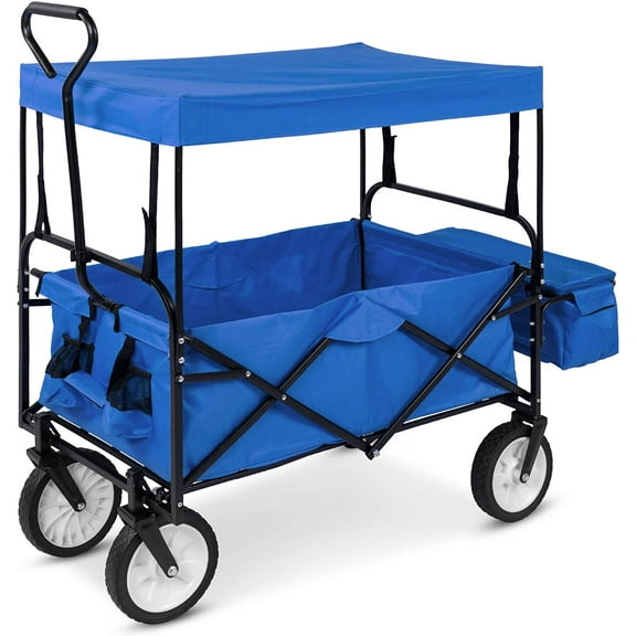 Wubio Collapsible Folding Outdoor Utility Wagon with Canopy Garden Cart for Beach, Picnic, Camping, Tailgates w/Removable Canopy, Detachable Pockets, 150lb Weight Capacity - Blue