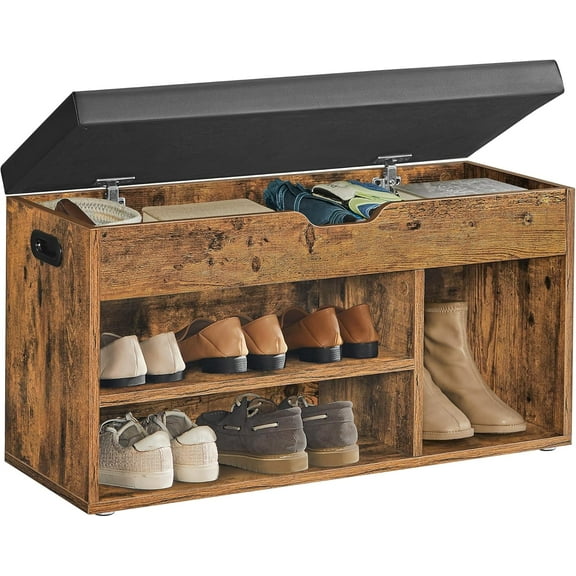 Wubio Collection - Storage Bench with Cushion, Shoe Bench, Padded Seat, Hidden Storage, Entryway, Hold up to 300 lb, 11.8 x 31.5 x 17.3 Inches, Rustic Brown and Ink Black ULHS30BX