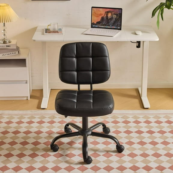 Wubio Compact Small Desk Chair, Cute Armless Chair with Wheels, Vanity Chair with Low Back, Height Adjustable Task Chair for Small Spaces, Office, Bedroom, Make Up Room, PU Leather, Black