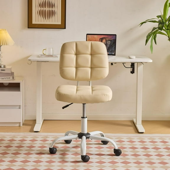 Wubio Compact Small Desk Chair, Cute Armless Chair with Wheels, Vanity Chair with Low Back, Height Adjustable Task Chair for Small Spaces, Office, Bedroom, Make Up Room, PU Leather, Cream