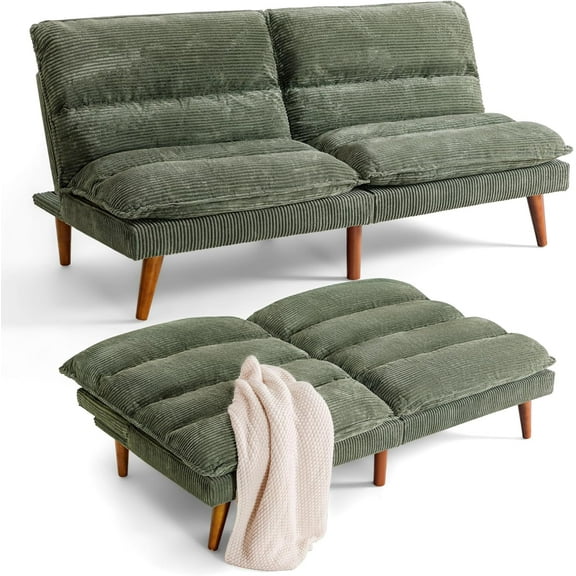 Wubio Convertible Futon Sofa Bed Futon Couch with Adjustable Back Upholstered Sleeper Sofa Bed for Living Room Furniture (Corduroy, Green)