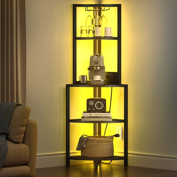 Wubio Corner Shelf with Power Outlets & LED Lights Bookshelf Bookcase Display Shelves