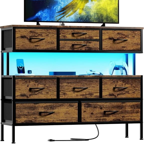 Wubio Dresser TV Stand with Charging Station and LED Lights, 55” TV Stand Entertainment Center with 9 Drawers, Steel Frame, Large Storage Chest of Drawers for Bedroom, Living Room, Rustic Brown