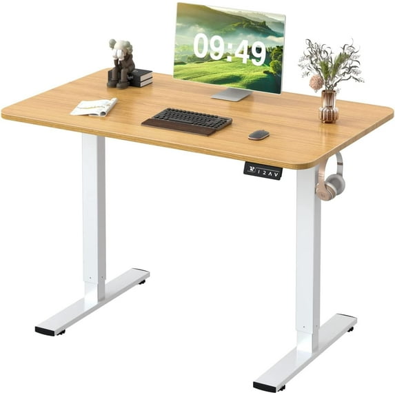 Wubio Electric Height Adjustable Standing Desk Large 40 x 24 Inches Sit Stand up Desk Home Office Computer Desk Memory Preset with T-Shaped Metal Bracket, Wood