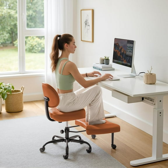 Wubio Ergonomic Criss Cross Legged Office Chair with Wheels, 360°Swivel Adjustable Height Kneeling Desk Chair with Footrest for ADHD, Yoga, Meditation, Home Office (Leather, Brown)