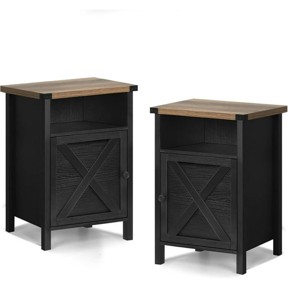 Wubio Farmhouse End Table, Nightstand, End Tables with Barn Door and Shelf, Wooden Sofa Side Table, Modern Bed Side Table Rustic Nightstands Set of 2, Bedroom, Living Room, Black