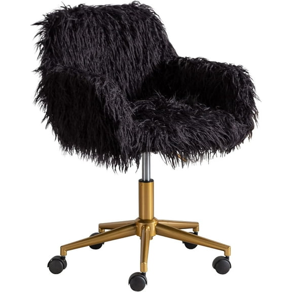 Wubio Fluffy Office Desk Chair, Faux Fur Modern Swivel Armchair with Wheels, Soft Comfy Fuzzy Elegant Accent Makeup Vanity Chairs for Women Girls, Home Living Dressing Room Bedroom, Black