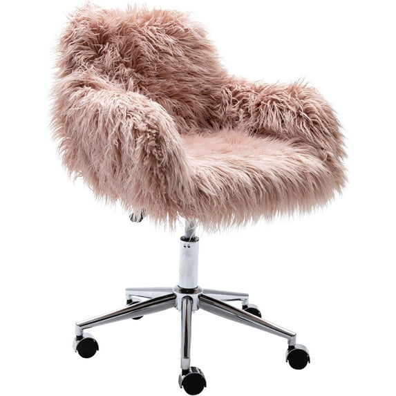 Wubio Fluffy Office Desk Chair, Faux Fur Modern Swivel Armchair with Wheels, Soft Comfy Fuzzy Elegant Accent Makeup Vanity Chairs for Women Girls, Home Living Dressing Room Bedroom, Pink