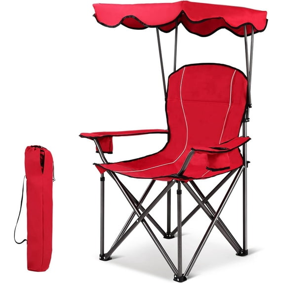 Wubio Folding Camping Chair with Canopy, Portable Lawn Beach Canopy Chair with Cup Holder & Carry Bag, Load Bearing Up to 265LBS, Folding Chair for Outside Outdoor Travel Hiking Fishing-Red