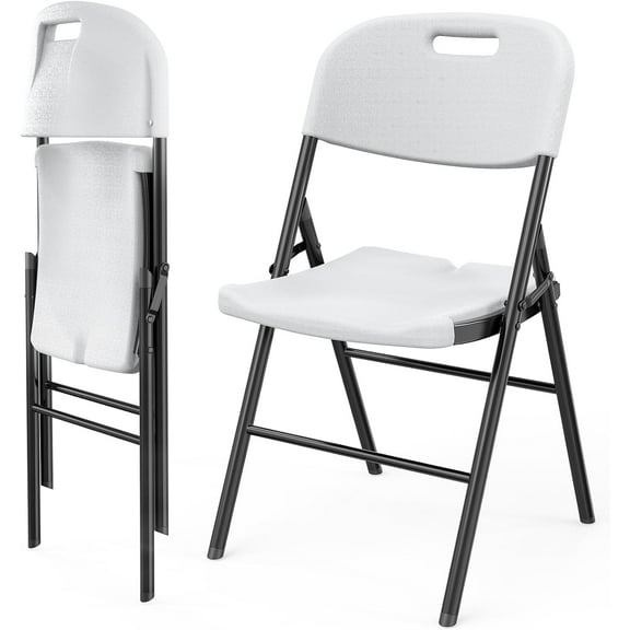 Wubio Folding Chairs, Heavy Duty Foldable Chair Portable HDPE Plastic Seat with Steel Frame for Indoor Outdoor Dinning Party Wedding School Use, White, 2 Pack