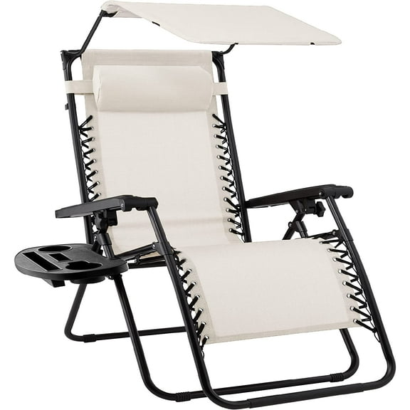 Wubio Folding Zero Gravity Outdoor Recliner Patio Lounge Chair w/Adjustable Canopy Shade, Headrest, Side Accessory Tray, Textilene Mesh - Ivory