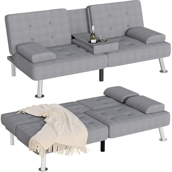 Wubio Futon Sofa Bed, Futon Couch with Removable Armrests, Adjustable Recliner Sleeper Sofa Bed with Dual Cup Holders for Living Room, Apartment, Office (Fabric, Light Grey)