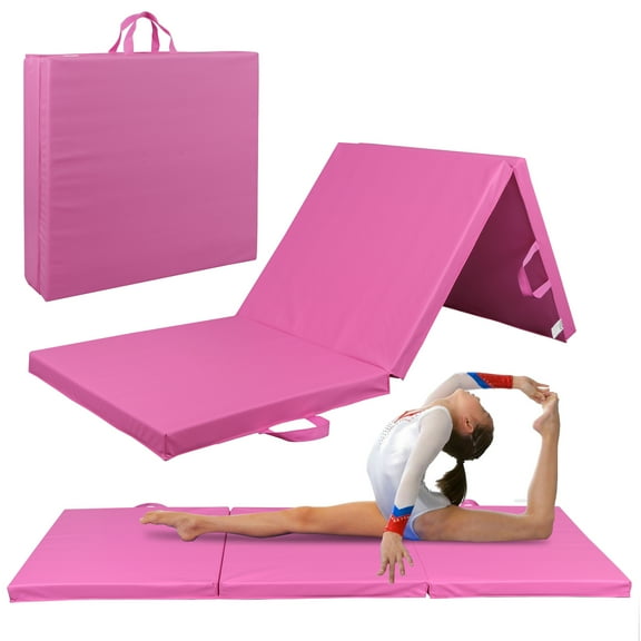 Wubio Gymnastic Mat Tri-Fold Folding Thick Exercise Mat Tumbling Gym Mat w/Handle Pink