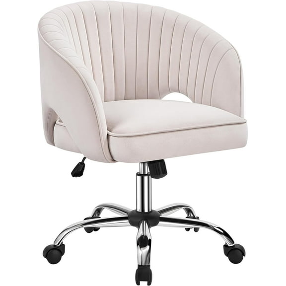 Wubio Home Office Chair Velvet Desk Chair, Upholstered Modern Swivel Chair with Tufted Barrel Back, Rolling Wheels for Office, Study, Vanity-Cream