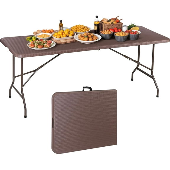 Wubio Indoor Outdoor Heavy Duty Plastic Folding Table Portable Picnic Table Fold-in-Half Utility Table w/Handle and Steel Legs for Camping, Dining, Party (Brown, 6ft)