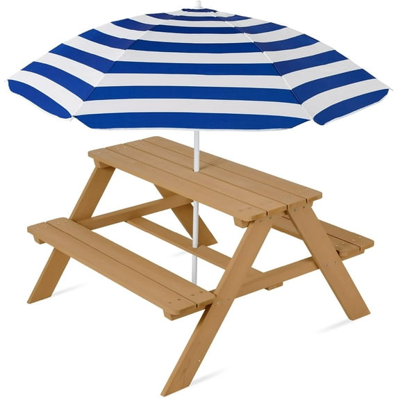 Wubio Kids Wooden Picnic Table, Outdoor Activity & Dining Table w/Adjustable Collapsible Umbrella, Built-in Seats - Natural/Navy