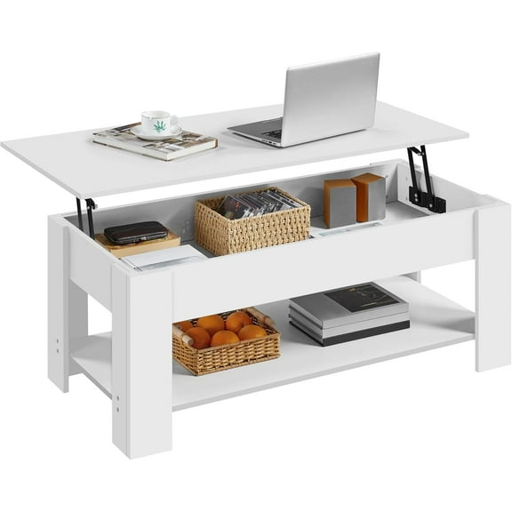 Wubio Lift Top Coffee Table with Hidden Compartment and Storage Shelf, Rising Tabletop Dining Table for Living Room Reception Room, 47.5in L, White