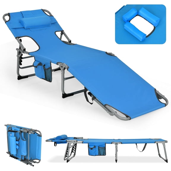 Wubio Lounge Chair Outdoor, Tanning Chair, Folding Beach Chair with Face Arm Hole, Washable Pillow, Side Pocket, Carry Handle, Adjustable Pool Lounger for Patio, Lawn, Lounge Chair Outside, Blue