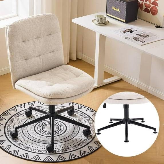 Wubio Mid Back Armless Office Desk Chair with Wheels/no Wheels,360°Rocking Swivel Vanity Chair with Thickened Cushion,Adjustable Height Rolling for Reading Room-Beige